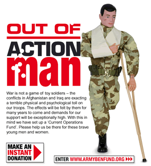 Out of Action Man - in aid of Army Benevolent Fund. Action Man with wounds and a cruch.
