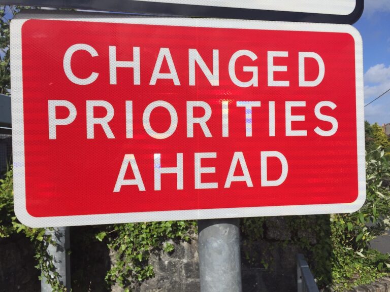 Changed priorities ahead - red and white road sign