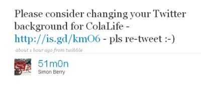 "Please consider changing your Twitter background for ColaLife" - tweet by Simon Berry