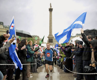 Eddie Izzard completes his marathon challenge for Sport Relief in London's Trafalgar Square