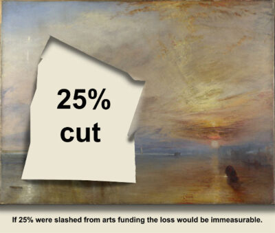Torn out section of Turner painting with words '25% cut' underneath