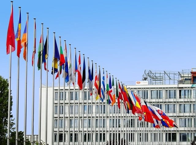 A row pf flagpoles outside a building. The flags of the countries of the European Union are flying against a clear blue sky.