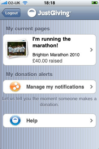 Screenshot of JustGiving's iPhone app