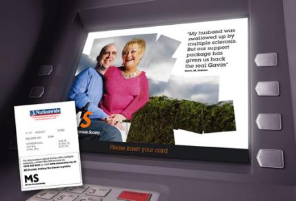 The MS Society's advert on a cashpoint, with a sample donation print-out