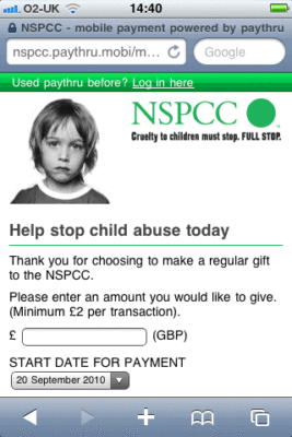 Screenshot of mobile donation page for NSPCC