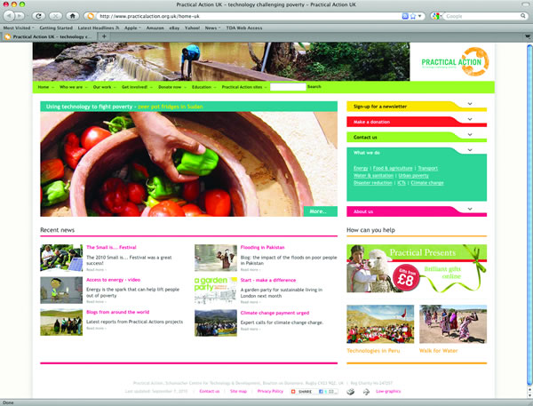 Practical Action's website's front page - screenshot from September 2010