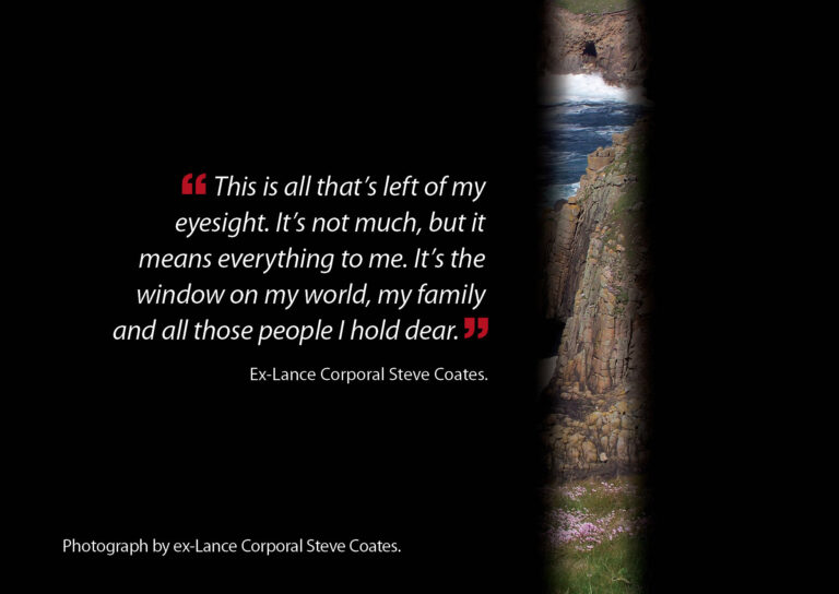 A sliver of a photo of coastline, with the quote from ex-Lance Corporal Steve Coates - 