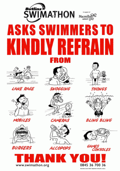 Humorous updated pool rules poster from Butlins for 2004 Swimathon