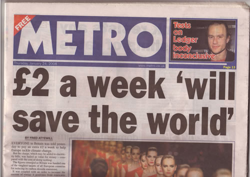 Front page of the (London) Metro newspaper