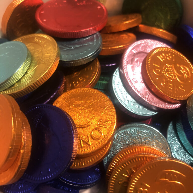 Chocolate coins in coloured foil at Christmas. Photo: Howard Lake