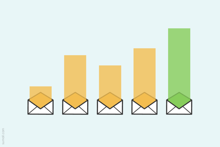 Bar charts emerging from five envelopes. Measuring email