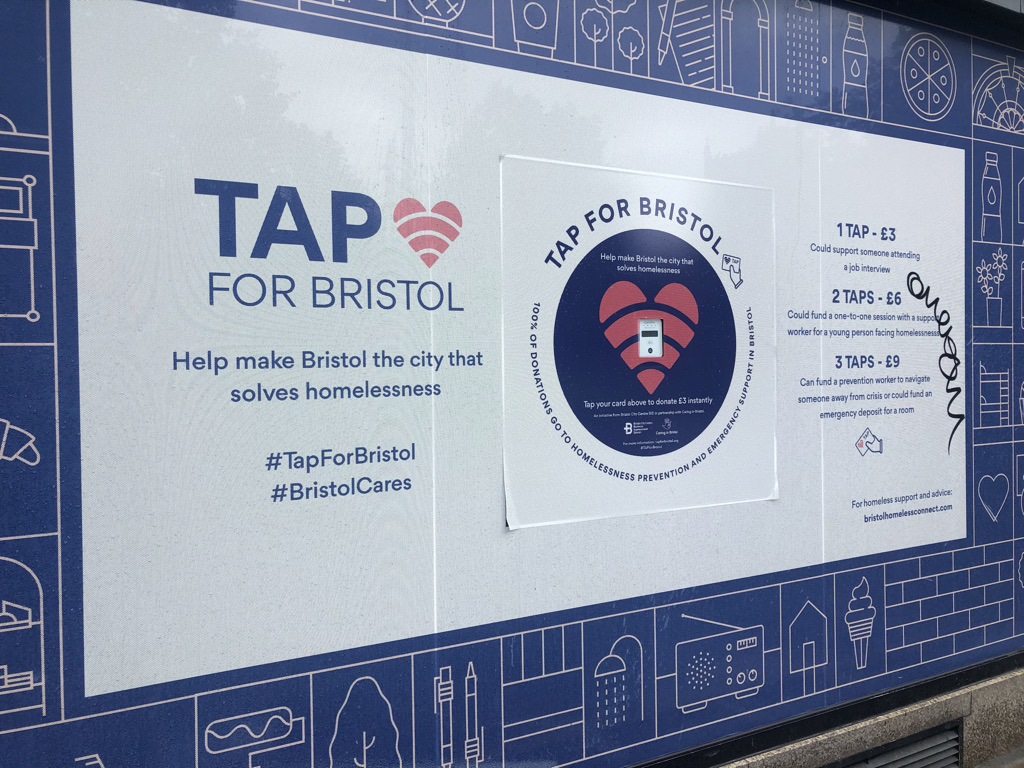 Tap for Bristol sign in central Bristol - contactless giving for homelessness charity initiative in Bristol. Photo: Howard Lake