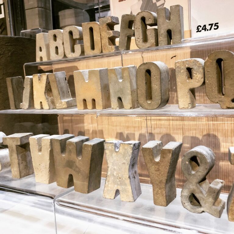 Letters of the alphabet made in concrete. In the Barbican's gift shop. Photo: Howard Lake