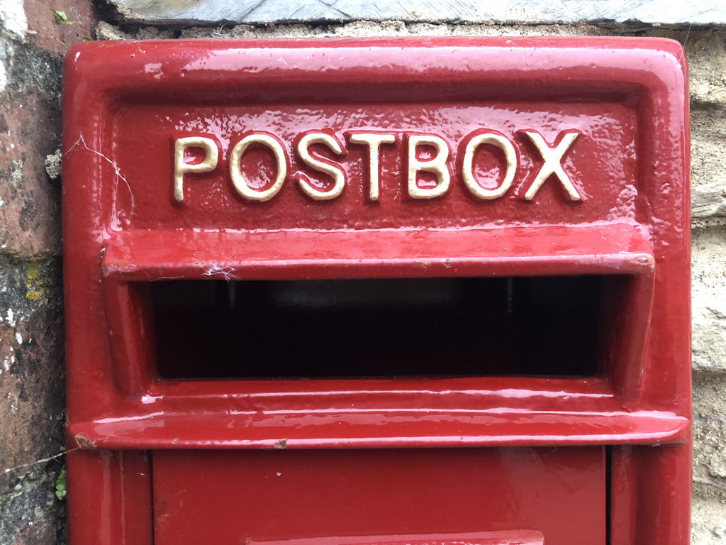Red post box with envelope slot, Mathry, Pembrokeshire. Photo: Howard Lake