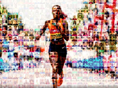 A montage of runners in the 2021 Virgin Money London Marathon, creating the image of a woman running
