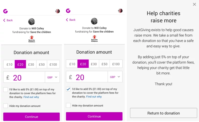 JustGiving donation web flow - three screenshots