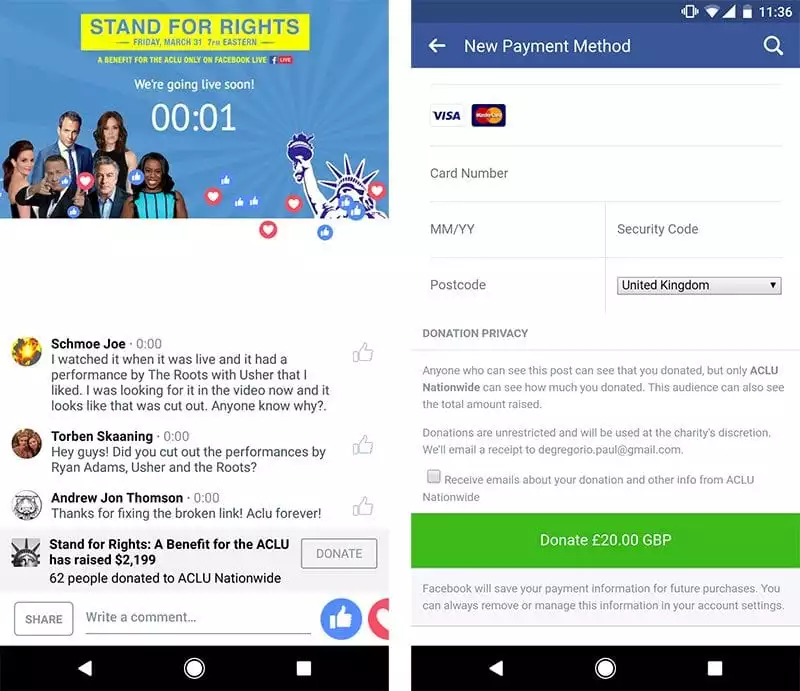 Two screenshots showing the donation process on Facebook