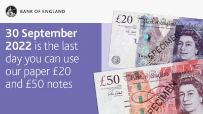 Bank of England announcement of date on which paper £20 and £50 notes cease to be legal tender. Image: Bank of England