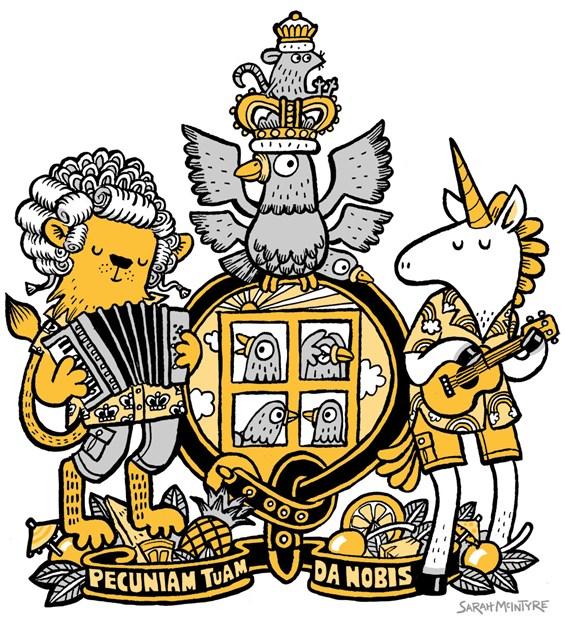 Humorous illustration of a royal crest, with an accordian-playing lion in a barrister's wig and a guitar-playing unicorn, with pigeons, oranges and lemons, and the words 'pecuniam tuam da nobis' - by Sarah McIntyre.