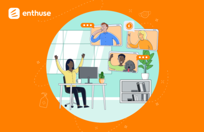 Business as unusual - Enthuse logo with illustrations of different people working in different ways - home-based, office-based etc
