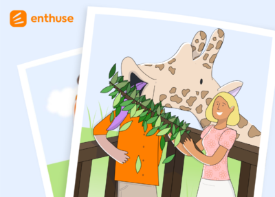 Enthuse logo and illustration of a giraffe photobombing a couple and stealing the show
