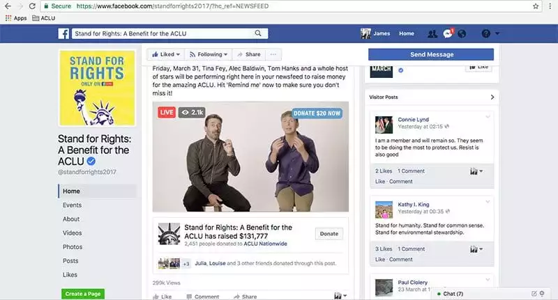Screenshot of Stand for Rights Facebook page during the livestream, reaching $131,777 in donations.