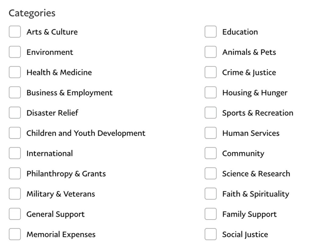 Campaign categories on the PayPal Generosity Network