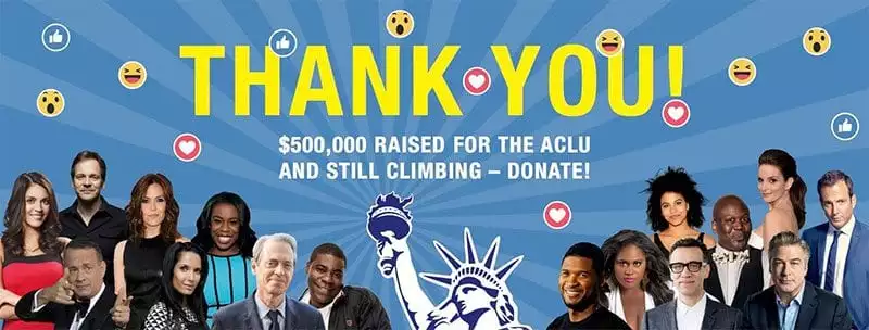 Thank you message, marking $500,000 raised for ACLU, with photos of the participant comics and celebrities involved at the bottom.
