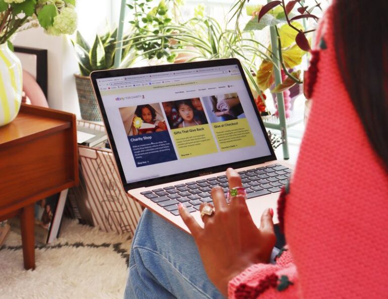 Fashion and Interior Stylist and eBay user Zeena Shah looking at eBay for Charity on her laptop