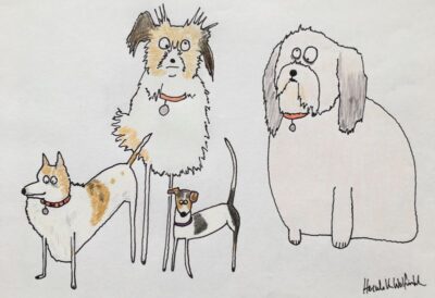 A Hercule Van Wolfwinkle portrait of Paul O'Grady's dogs