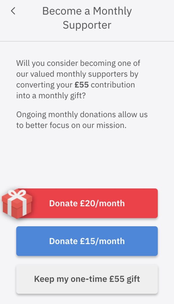 Donation form suggesting convert a one-off gift to a monthly gift.