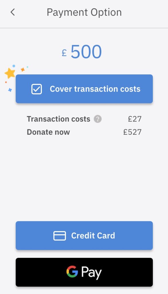Invitation to add to the donation to cover transaction costs.