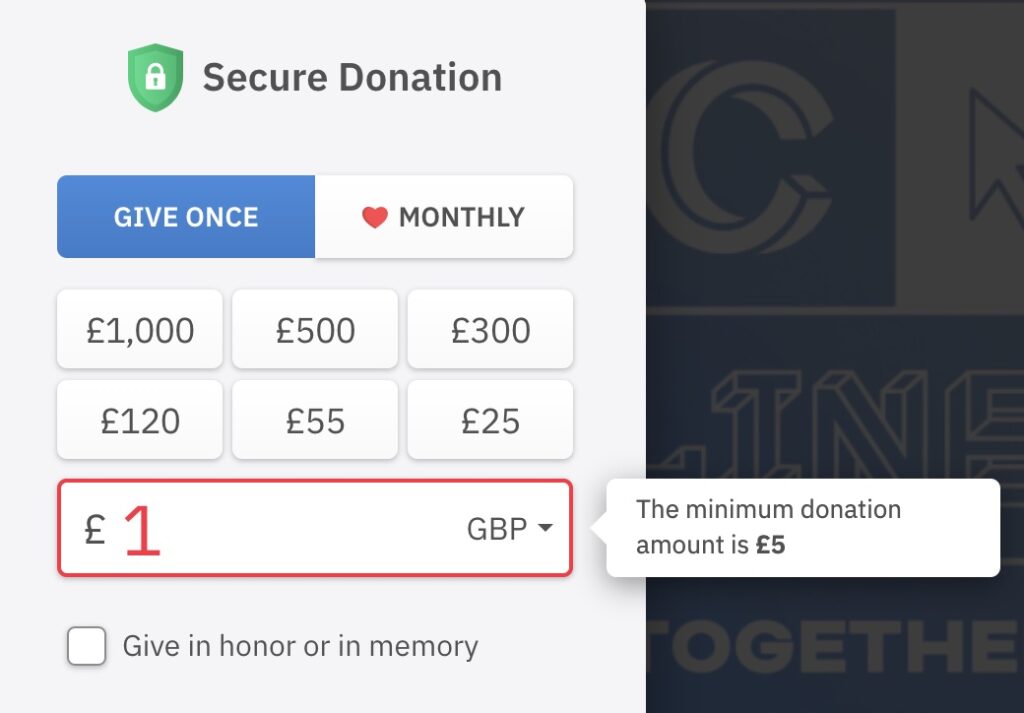 Donation form with minimum £5 gift function