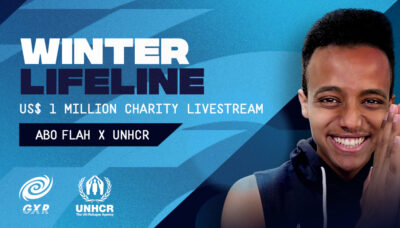 Content creator & gamer AboFlah against a blue background with the words Winter Lifeline $1m charity livestream