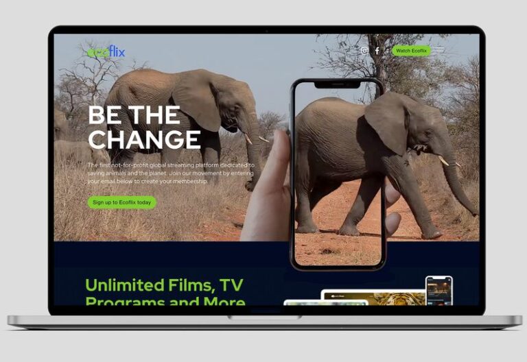 The laptop shows the homepage of a new streaming service called Ecoflix, featuring an elephant