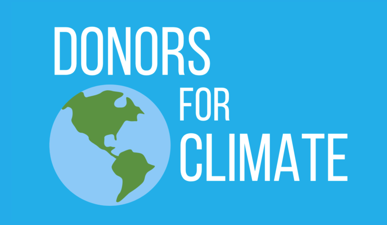 An illustration of the world with the words donors for climate next to it, on a blue background