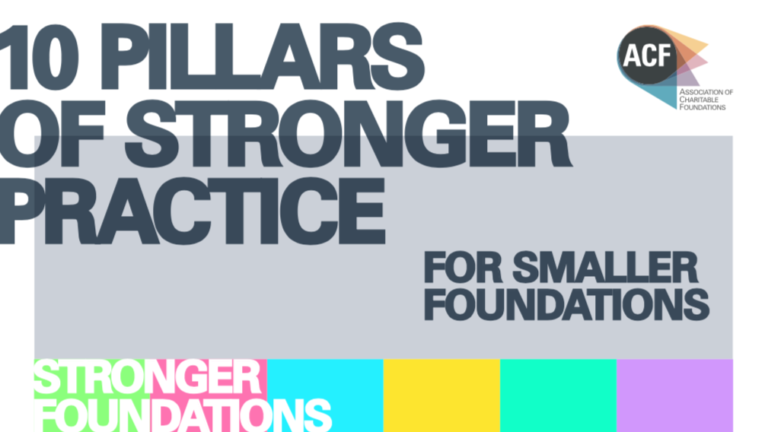 the cover of the 10 pillars of stronger practice for smaller foundations report by ACF