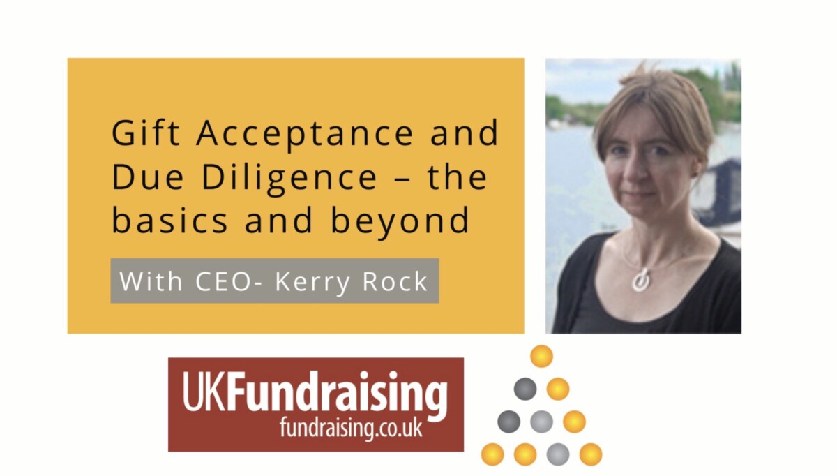 Gift Acceptance and Due Diligence - course details, with photo of trainer Kerry Rock, UK Fundraising's logo and Prospecting for Gold's logo