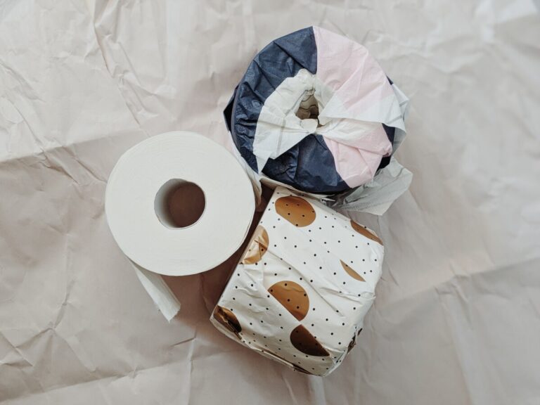 Three toilet rolls. Two are wrapped in pretty patterned paper, like a gift