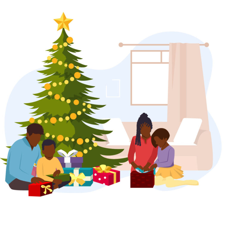 Wrapping Christmas presents beside a tree, a family sits on the floor. Source: BlackIllustrations.com