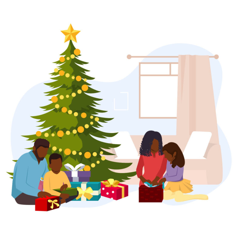 Wrapping Christmas presents beside a tree, a family sits on the floor. Source: BlackIllustrations.com