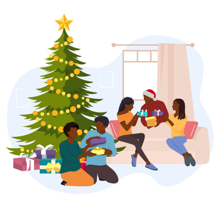Family exchange Christmas presents beside a tree, some on a sofa. Source: BlackIllustrations.com