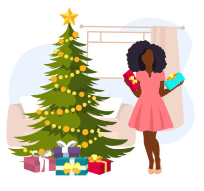 Woman holding Christmas presents beside a Christmas tree in front of a window, sofa and curtain. Source: BlackIllustrations.com