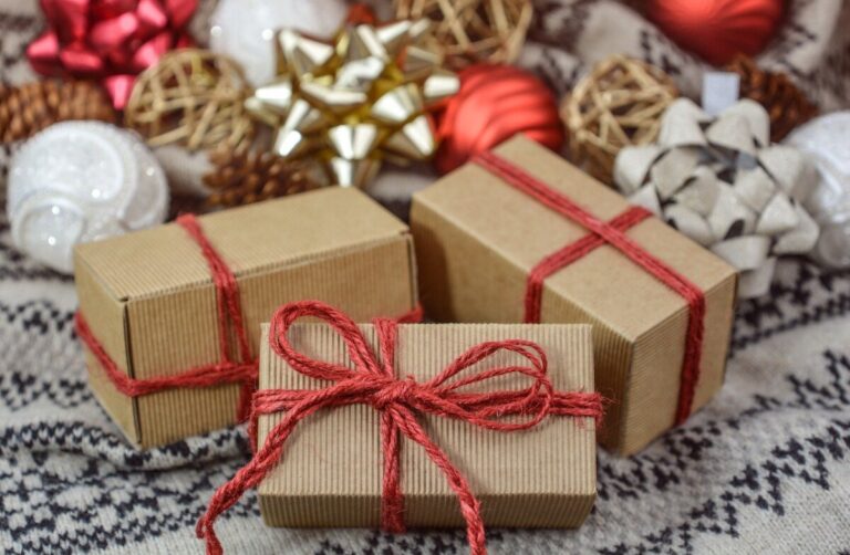 presents wrapped in brown paper & red string