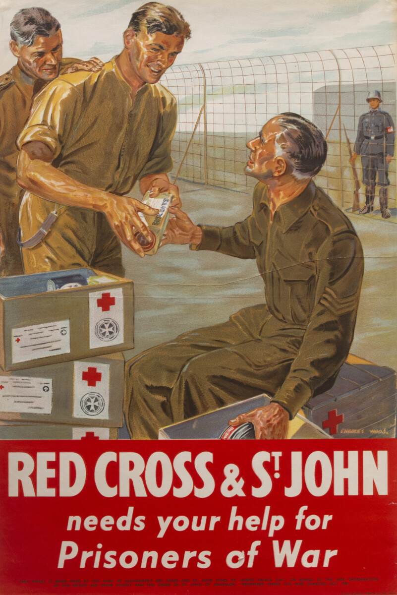 "Red Cross and St. John needs your help for prisoners of war". Colour poster from the Second World War with illustration by Charles Wood of Allied prisoners of war in Germany distributing and receiving food parcels from the Red Cross and St John. Photo: British Red Cross