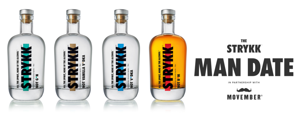 Four bottles of STRYKK's non-alcoholic spirits, each with a different coloured label, together with MOVEMBER's logo and details of their partnership.