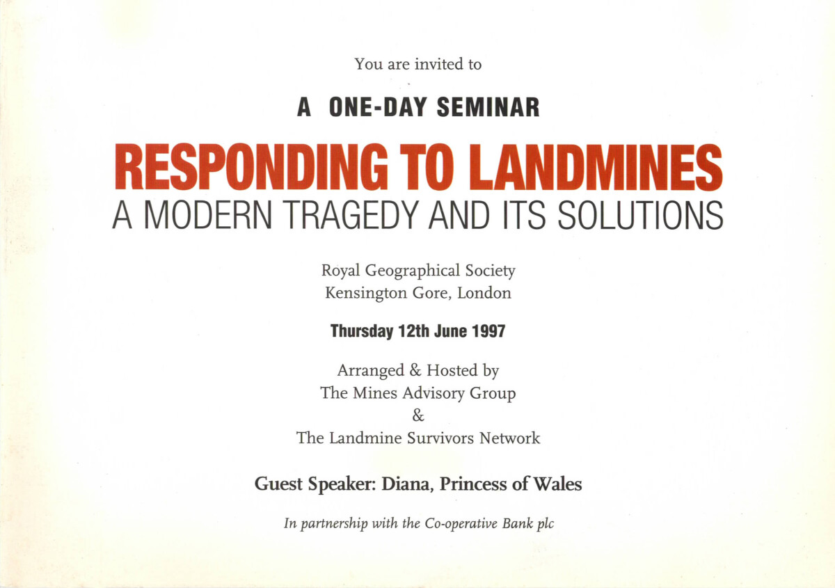 Invitation to 1997 event hosted by MAG and the Landmine Survivors' Network, attended by Princess Diana. Photo: MAG