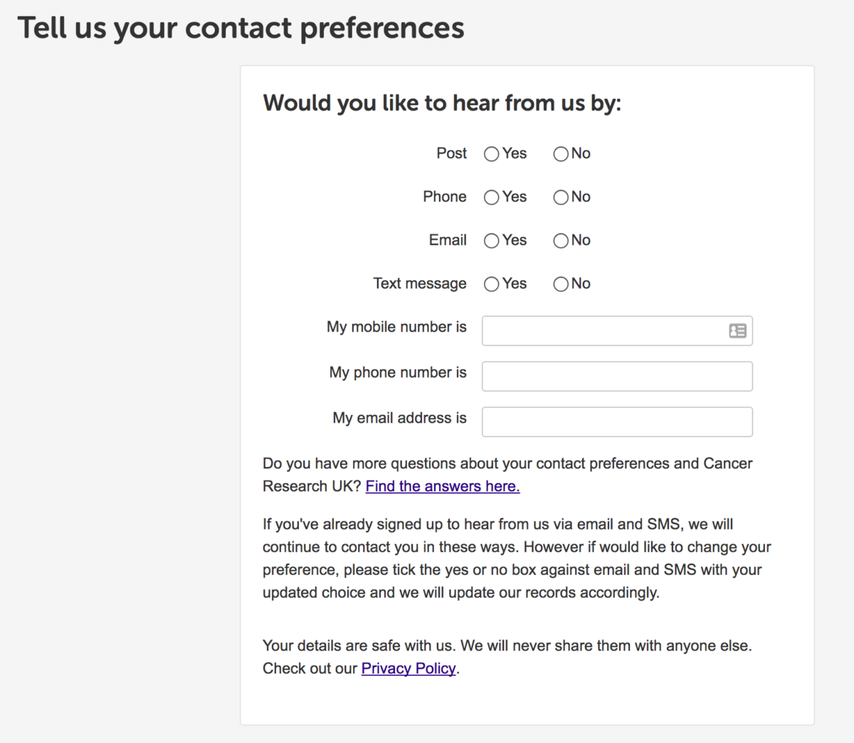 Cancer Research UK's opt-in form preferences