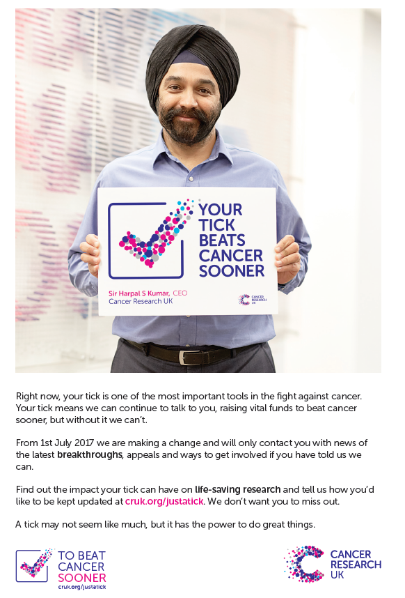 CRUK opt-in post - "your tick beats cancer sooner"