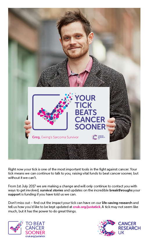 CRUK opt-in post - "your tick beats cancer sooner"
